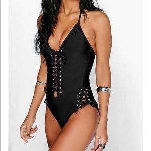 Boohoo Lace up Front Tie Side Swimsuit
